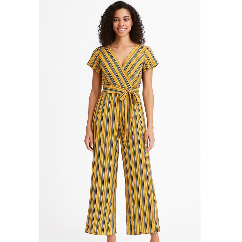 New LESLIE FAY Women's Yellow Navy Striped V-neck Jumsuit Size 4